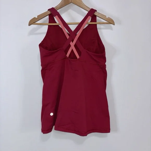 Lululemon Stash N Run Tank Ruby Red Glossy Built In Bra Criss Cross Back Sz 10 - Picture 2 of 8